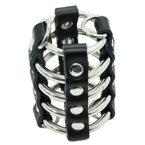OHMAMA FETISH - CAGE  PÉNIS AVEC ANNEAUX MÉTALLIQUES ET SANGLE EN CUIR