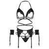 LEG AVENUE - ENSEMBLE QUATRE PIÈCES SOUTIEN-GORGE, STRING, PORTE-JARRETELLES ET POIGNETS TAILLE UNIQUE - NOIR