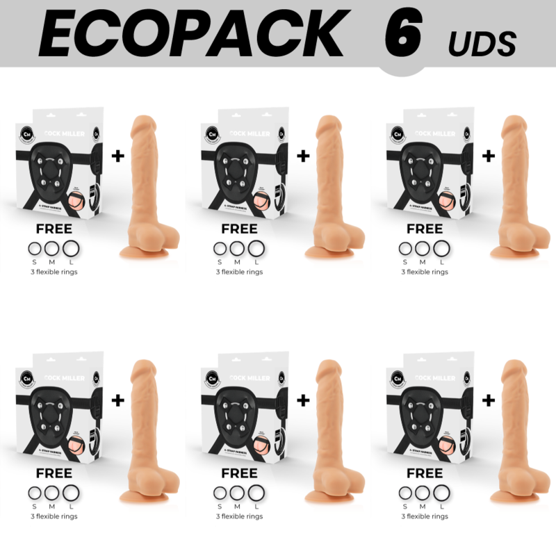 ECOPACK 6 UNITÉS - COCK MILLER HARNAIS + COCKSIL ARTICULABLE SILICONE DENSITÉ 19,5 CM