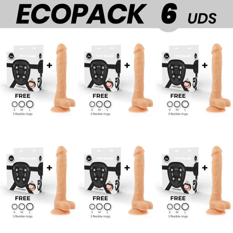 ECOPACK 6 UNITÉS - COCK MILLER HARNAIS + COCKSIL ARTICULABLE DENSITÉ SILICONE 24 CM