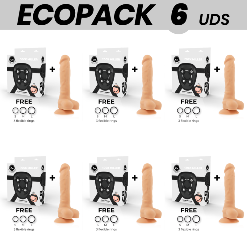 ECOPACK 6 UNITÉS - COCK MILLER HARNAIS + COCKSIL ARTICULABLE SILICONE DENSITÉ 18 CM