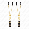 KINK - PINCES À TETON FINES OR AVEC 3 BILLES DE VERRE NOIR 7 CM