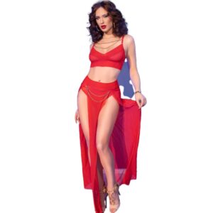 CHILIROSE - CR 4850 ENSEMBLE TOP ET LEGGINGS ROUGE AVEC ACCESSOIRES DORÉS S