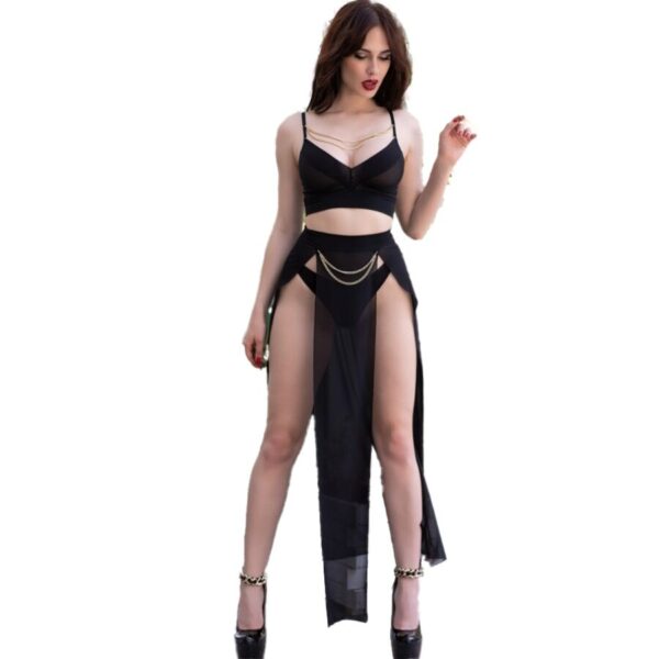 CHILIROSE - CR 4672 JUPE ET STRING NOIRS AVEC CHAÎNES DORÉS S