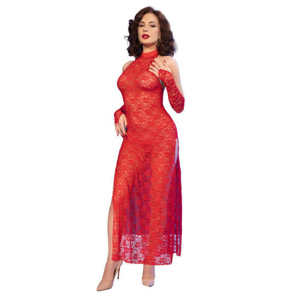 CHILIROSE - CR 4853 VESTIDO ROJO DE ENCAJE CON GUANTES S/M