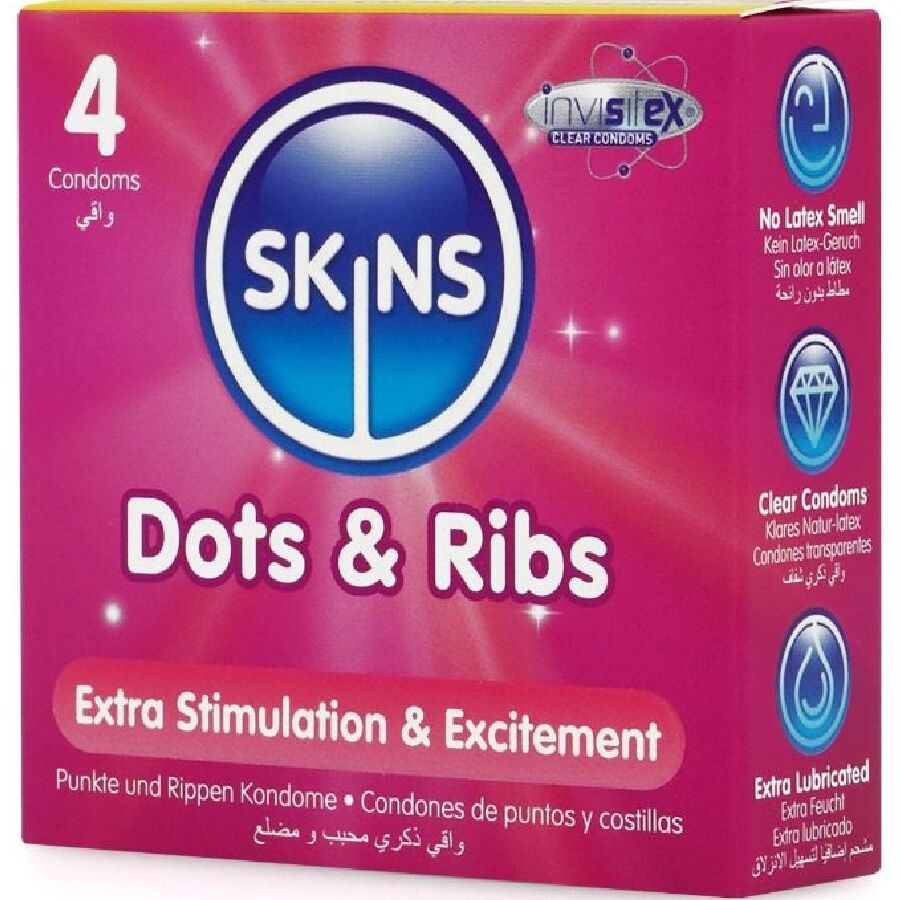 SKINS - PACK DE 4 PRÉSERVATIFS PREMIUM DOTS  RIBS