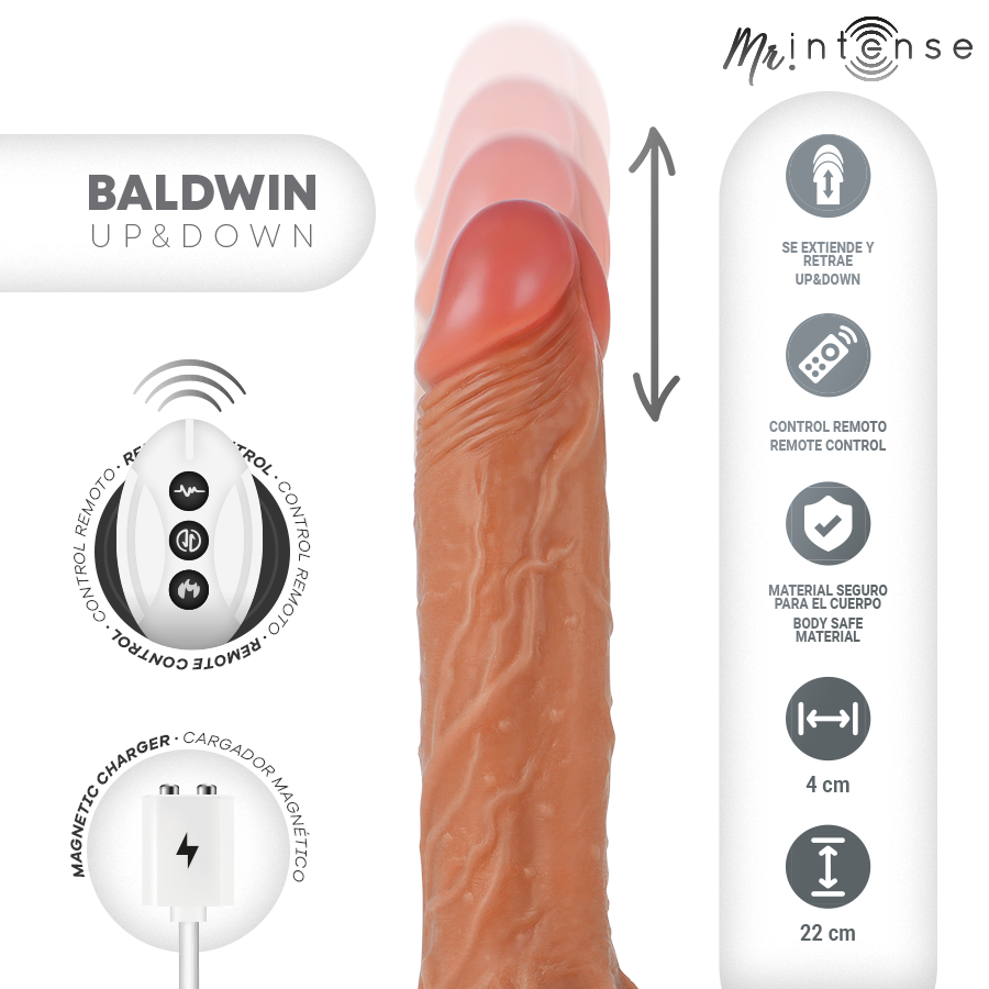 MR INTENSE - BALDWIN RÉALISTE MULTIFONCTIONNEL AVEC VIBRATION, TÉLÉCOMMANDE HAUT/BAS, 22 CM - OU - 4 CM