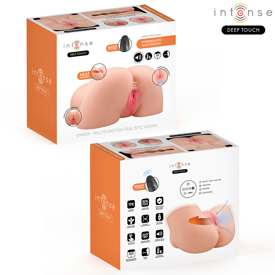 INTENSE DEEP TOUCH - MASTURBATEUR ANAL ET VAGINAL GINGER AVEC SUCCION, CHALEUR, VIBRATION ET EFFETS VOCAUX, TÉLÉCOMMANDE INCLUSE, 5,3 KG