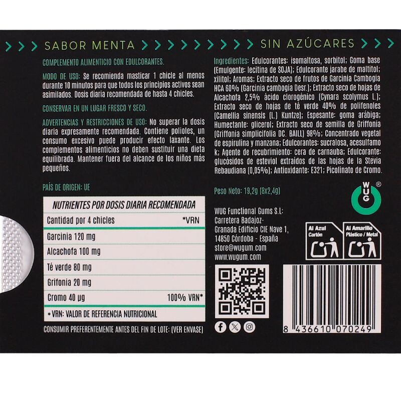 WUG diet - El chicle funcional sin azúcar con sabor menta BLISTER 8 UDS