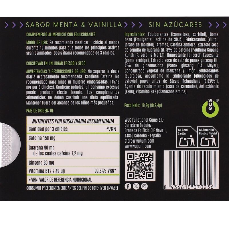 WUG on  El chicle funcional con cafeína y guaraná sabor menta  vainilla BLISTER 8 UDS