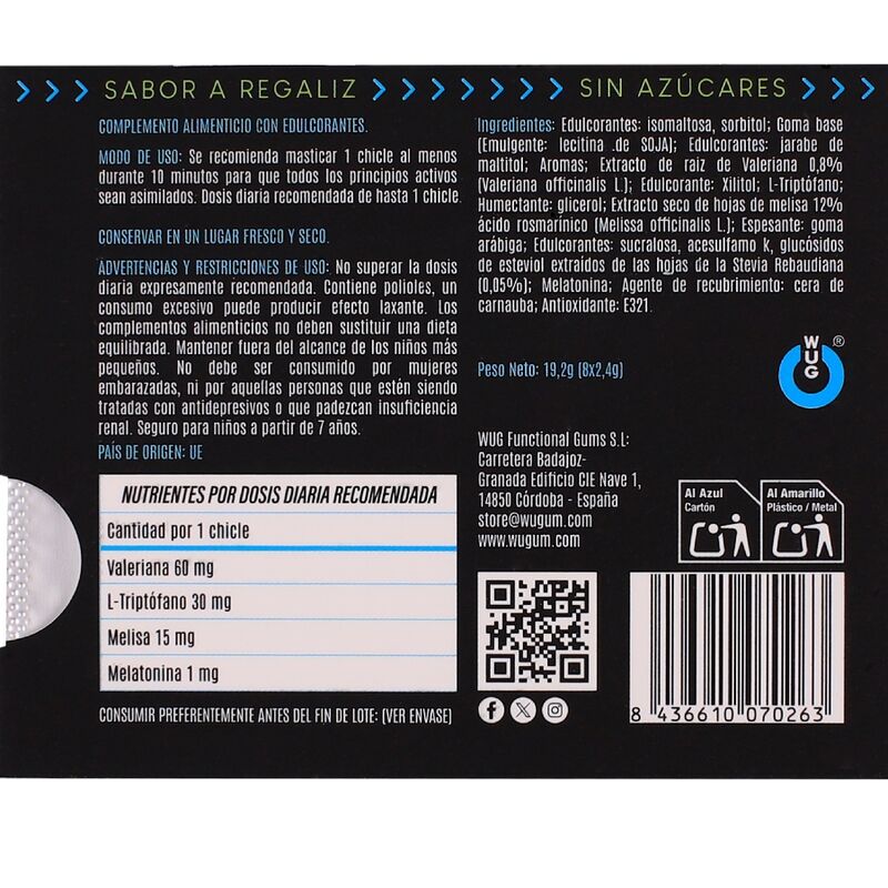 WUG off - El chicle funcional con melatonina y valeriana sabor regaliz BLISTER 8 UDS